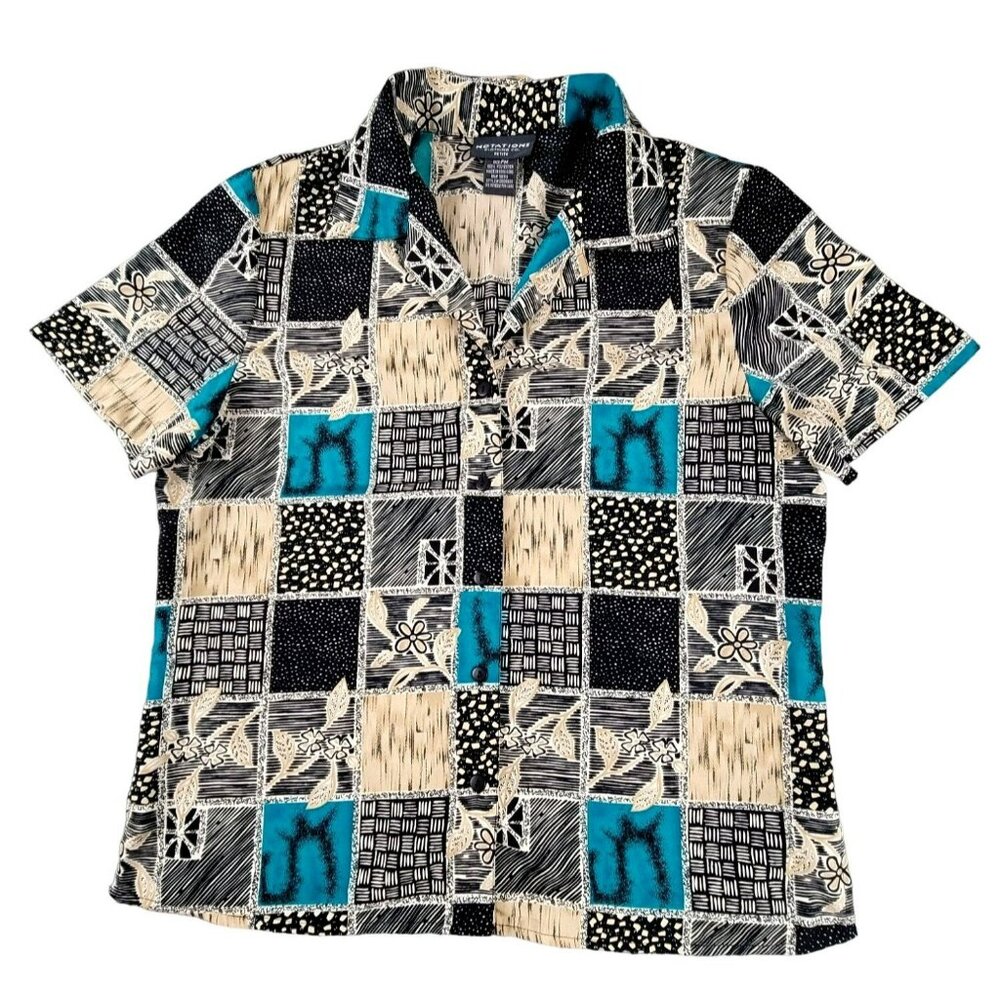 Notations Womens Blouse Quilted Squares Top Blue Black Tan size PM 8-10  JH1305
